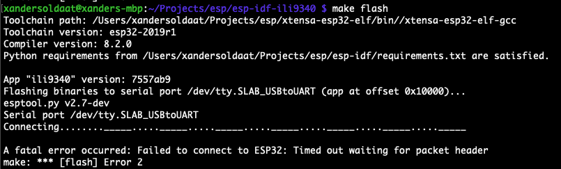 A fatal error occurred: Failed to connect to ESP32: Timed out waiting for packet header